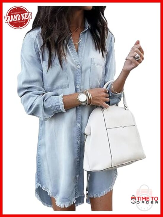 Dresses & Skirts - Denim Shirt Dress Long Sleeve Button Down Casual Tunic Top